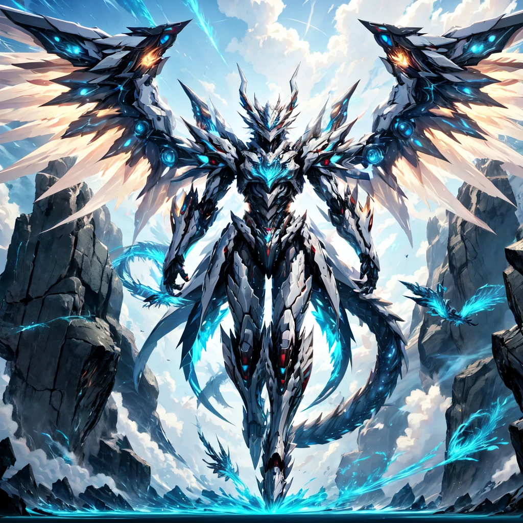 ((best quality)), absurdres, ((ultra high res)), mecha with wings, dragon mecha, white mecha, large wings, dramatic lighting, extremely detailed, <lora:mecha:0.65>