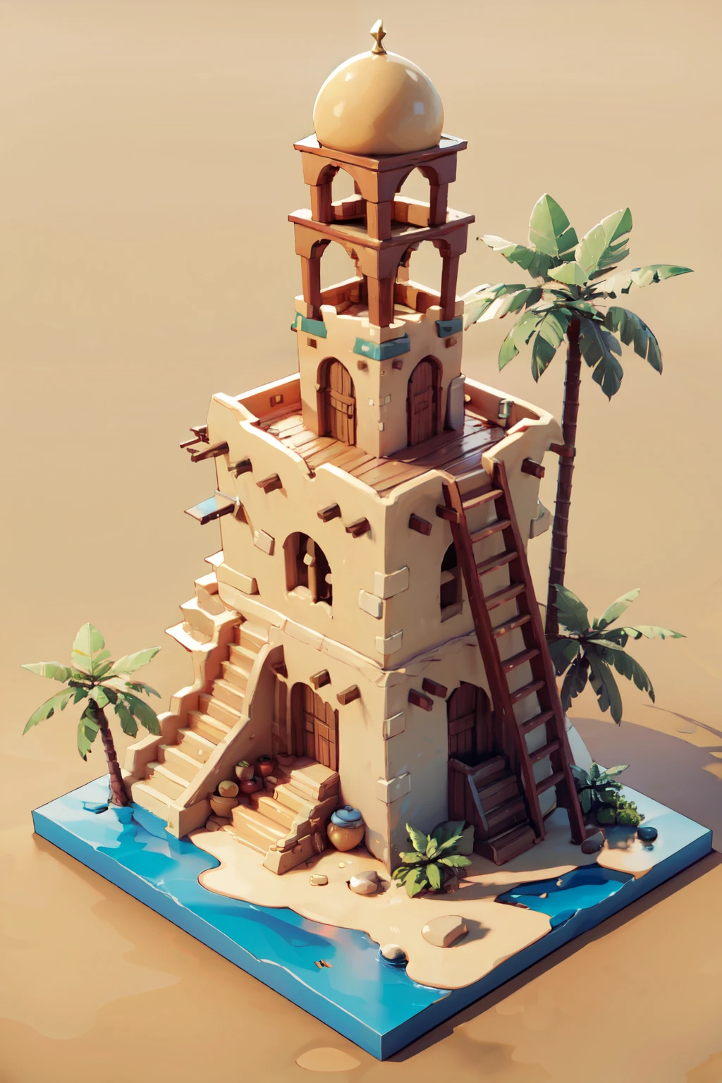 ((masterpiece,best quality)), absurdres, <lora:IsometricDesert:0.8>, IsometricDesert, simple background, tree, no humans, beach, sand, palm tree, island, tower, dome, platform,
