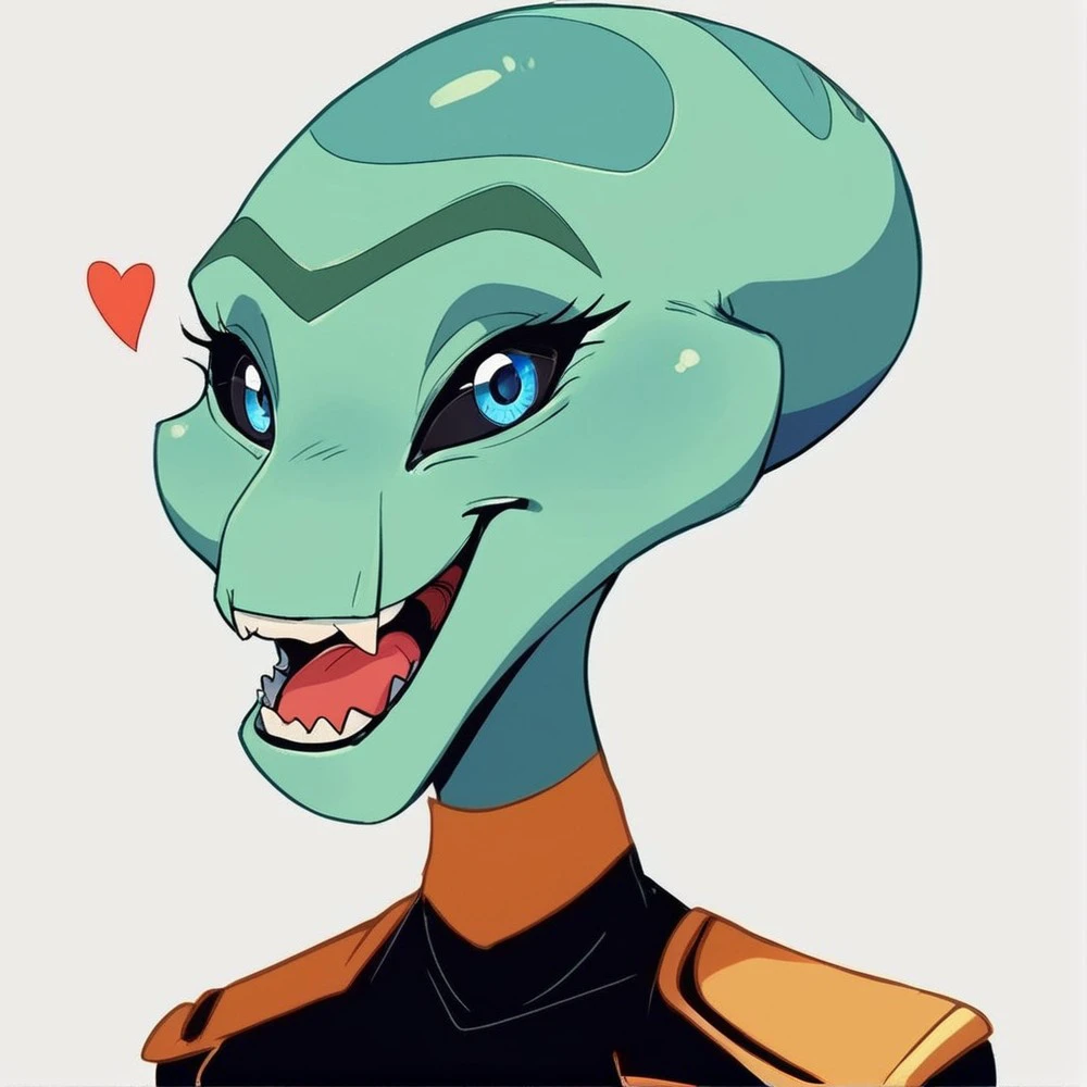 score_9, score_8_up, score_8,source_furry,
1girl,
solo,
furry female,
alien,
looking at viewer,
smile,
uniform,
black uniform,
gold trim,
green skin,
green body,
upper body,
open mouth,
bald,
standing,
teeth,
<blue eyes:1.5>,
<black sclera:1.5>,
<simple background:1.5>,
<white background:1.5>,
<lora:Grand_Councilwoman_Pony_SDXL:1> grand_councilwoman, 
<lora:90s4n1m3XLP:1> 90s4n1m3, happy,
smile,
teeth,
tongue