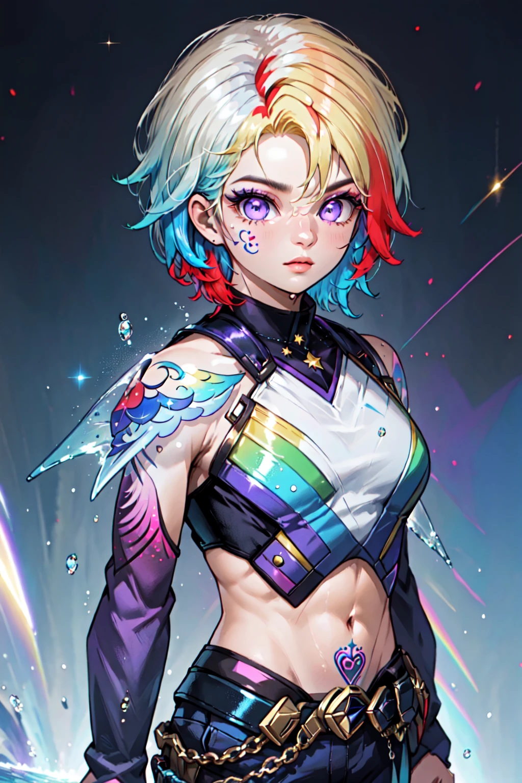 1boy, 1girl, arm tattoo, blonde hair, colorful, eyelashes, glint, gradient, jewelry, large breasts, lips, looking at viewer, male focus, midriff, multicolored hair, night, portrait, prismaticdskstyle, purple eyes, shiny, short hair, solo, star , (sky), streaked hair, water drop <lora:Prismatic:1>