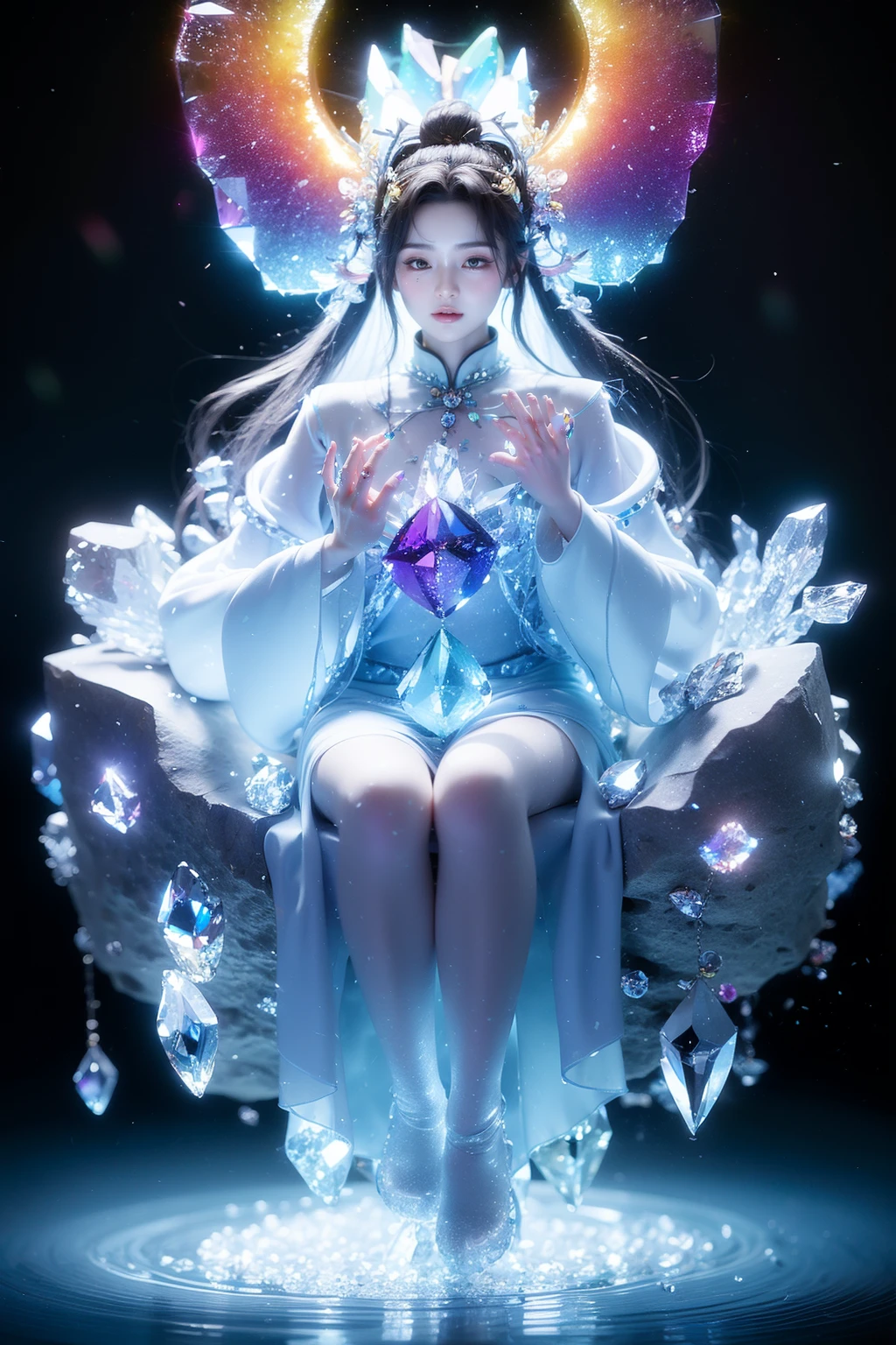 <lora:bingjing_fuyao768:0.8>,
Chinese fantasy,Eastern mythology,shrouded in a lattice like cloud layer above the screen (these thick dark clouds condense into crystals),(there is a gap in the center of the cloud layer, from which many black smoke flows out),a dazzling sky,a 30-year-old woman wearing a white long sleeved ancient costume suspended in the air (she holds a crystal stone emitting colorful light with both hands:1.5),the Tindar effect,chaos,sacred light,