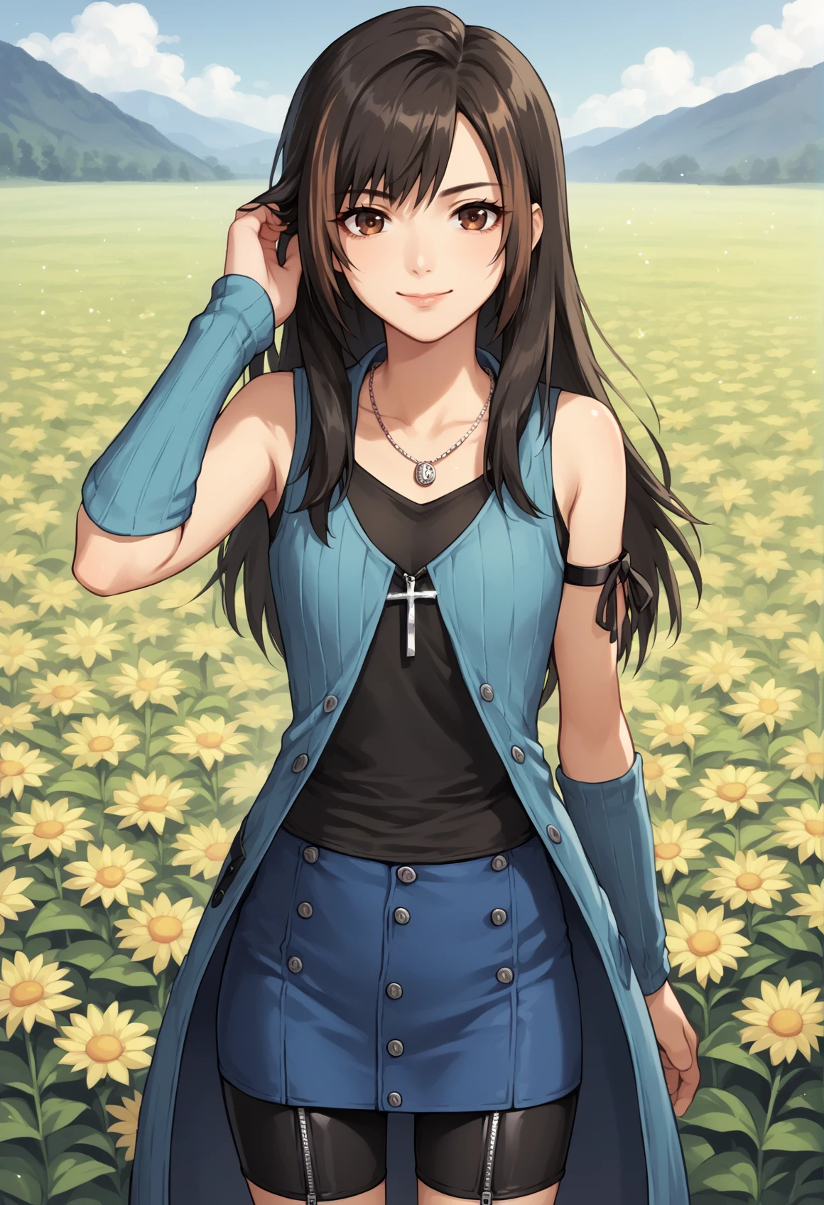 1girl, solo, long hair, Two-Tone Hair, black hair, streaked hair, brown hair, brown eyes, necklace, jewelry, blue coat, sleeveless, armlet, ribbon, arm warmers, skirt, bike shorts, buttons, zipper, Cross-Laced Footwear, hand on hair, looking at viewer, cowboy shot, flower field, hand on hair, smile <lora:Rinoa_XL:1>, score_9, score_8_up, score_7_up, score_6_up, score_5_up, score_4_up, BREAK source_anime, masterpiece