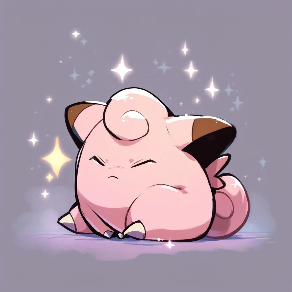 score_9,score_8_up,score_7_up,score_6_up,score_5_up,score_4_up, Pokemon (creature), pink hair, pink skin, curly hair, short hair, , feral, solo, clefairy, sitting, sparkle, closed eyes