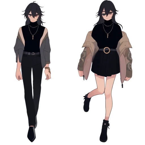 shoes, hair between eyes, long hair, jewelry, black footwear, simple background, wide-eyed, belt, jacket