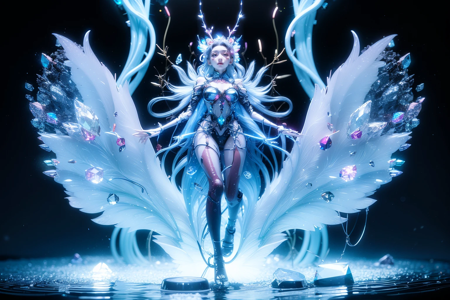1girl,full body,(looking at viewer:1.4),crystal_background,from below,<lora:bingjing_fuyao768:0.8>,
machanical limbs,blood vessels connected to tubes,mechanical cervial attaching to neck,wires and cables connecting to head,