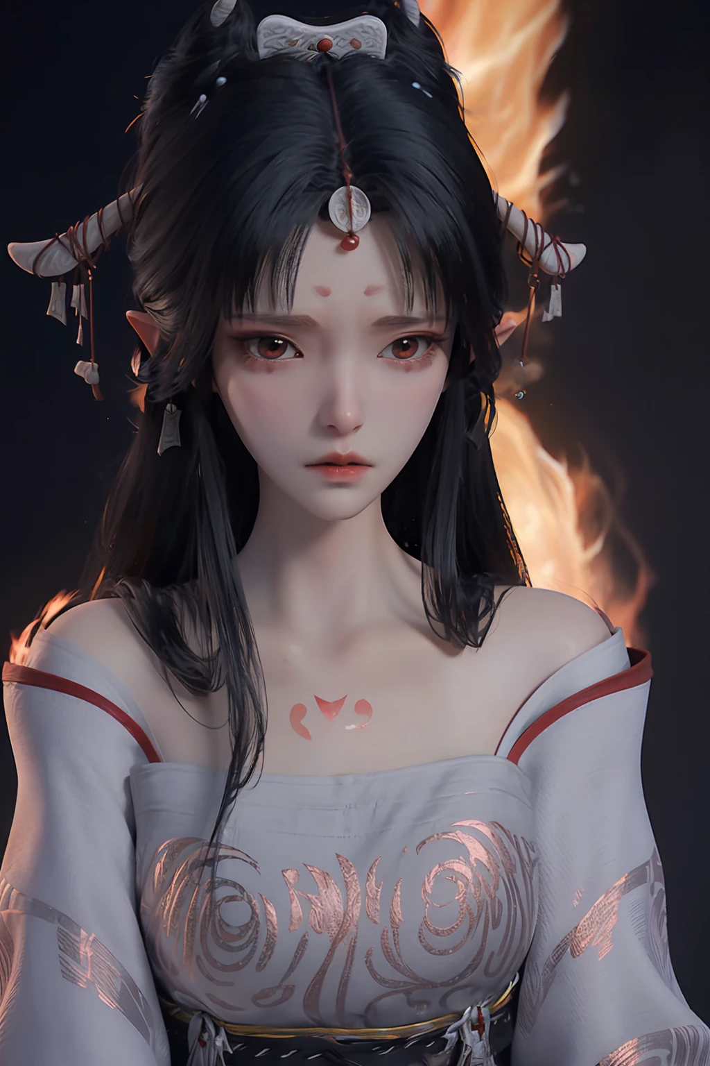 <lora:sanweihu:1>,sanweihu,1girl,solo,black hair,simple background,long hair,portrait,hair ornament,looking at viewer,pointy ears,horns,closed mouth,forehead mark,red eyes,lips,bangs,collarbone,brown eyes,bare shoulders,facial mark,hair stick,(black background:1.4),disappointed,despair,frustrated_brow,streaming_tears,teardrop,tearing_up,tears,badmood,sad,, best quality , masterpiece, illustration, an extremely delicate and beautiful, extremely detailed ,CG,unity,8k wallpaper, Amazing, finely detail, masterpiece, best quality,official art,extremely detailed CG unity 8k wallpaper,absurdres, incredibly absurdres, huge filesize , ultra-detailed, highres, extremely detailed,beautiful detailed girl, extremely detailed eyes and face, beautiful detailed eyes,light on face,