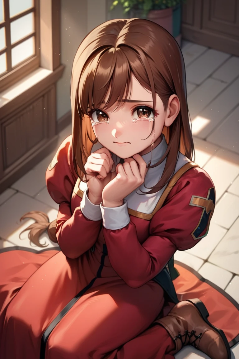 score_9, score_8_up, score_7_up, very aesthetic, source_anime, detailed, high quality, beautiful, masterpiece, detailed eyes,
blurry background, simple background,
<lora:lightXL:0.8>
wavy mouth, sitting, from above, crying, hand on own chin, looking at viewer, looking up,
<lora:ericaF_autismConfetti_v03:0.95>
erica fontaine, 1girl, brown hair, brown eyes, long hair, (bangs), low tied hair, bangs, sidelocks, red dress, puffy sleeves, long sleeves, brown boots, long dress,, zPDXL