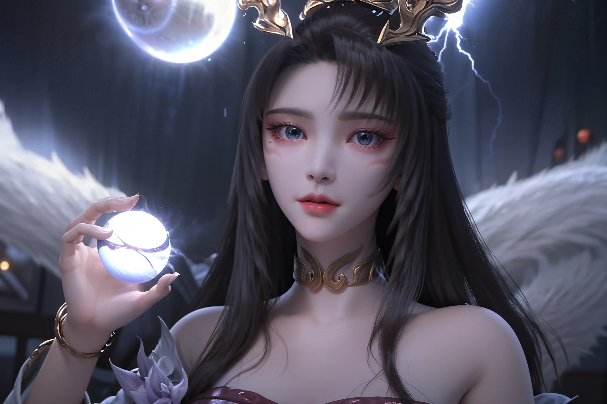<lora:tianhuxianzi:1>,tianhuxianzi,1girl,long hair,solo,upper body,flower,black hair,blue eyes,bracelet,dress,night,glowing,gold jewelry,hair ornament,jewelry,facial mark,blurry background,curtains,tree,orb,bare shoulders,energy ball,magic,choker,(Clear energy ball:1.3),(blue energy ball:1.5),(encircling lightning:1.4),magic,, best quality , masterpiece, illustration, an extremely delicate and beautiful, extremely detailed ,CG,unity,8k wallpaper, Amazing, finely detail, masterpiece, best quality,official art,extremely detailed CG unity 8k wallpaper,absurdres, incredibly absurdres, huge filesize , ultra-detailed, highres, extremely detailed,beautiful detailed girl, extremely detailed eyes and face, beautiful detailed eyes,light on face,