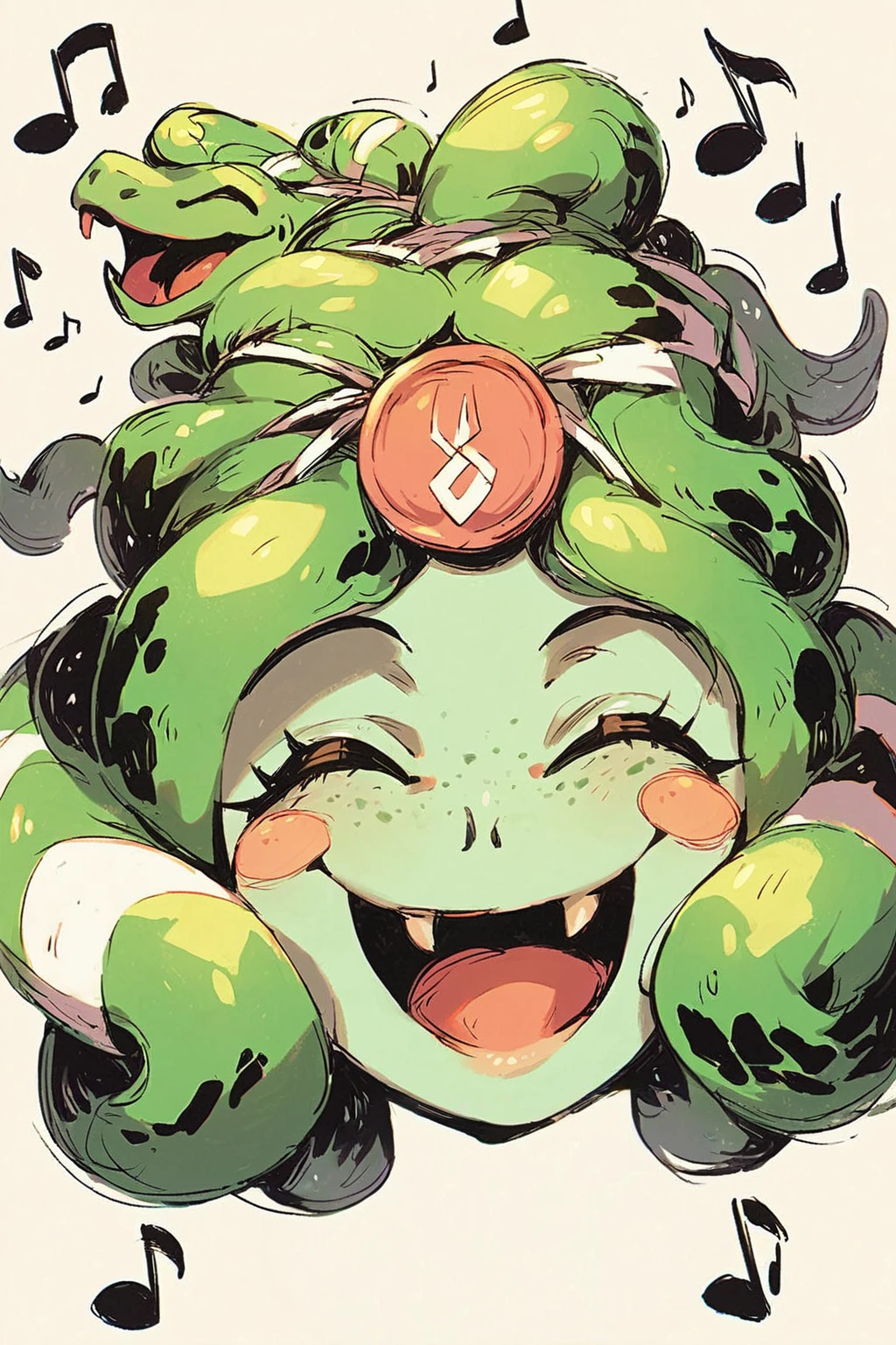score_9, score_8_up, score_7_up, score_6_up, score_5_up, <lora:Dusa_Hades:1> source_anime, dusa, gorgon, bandage, medallion, disembodied head, smile, closed eyes, music notes, listening to music, happy, neckless,