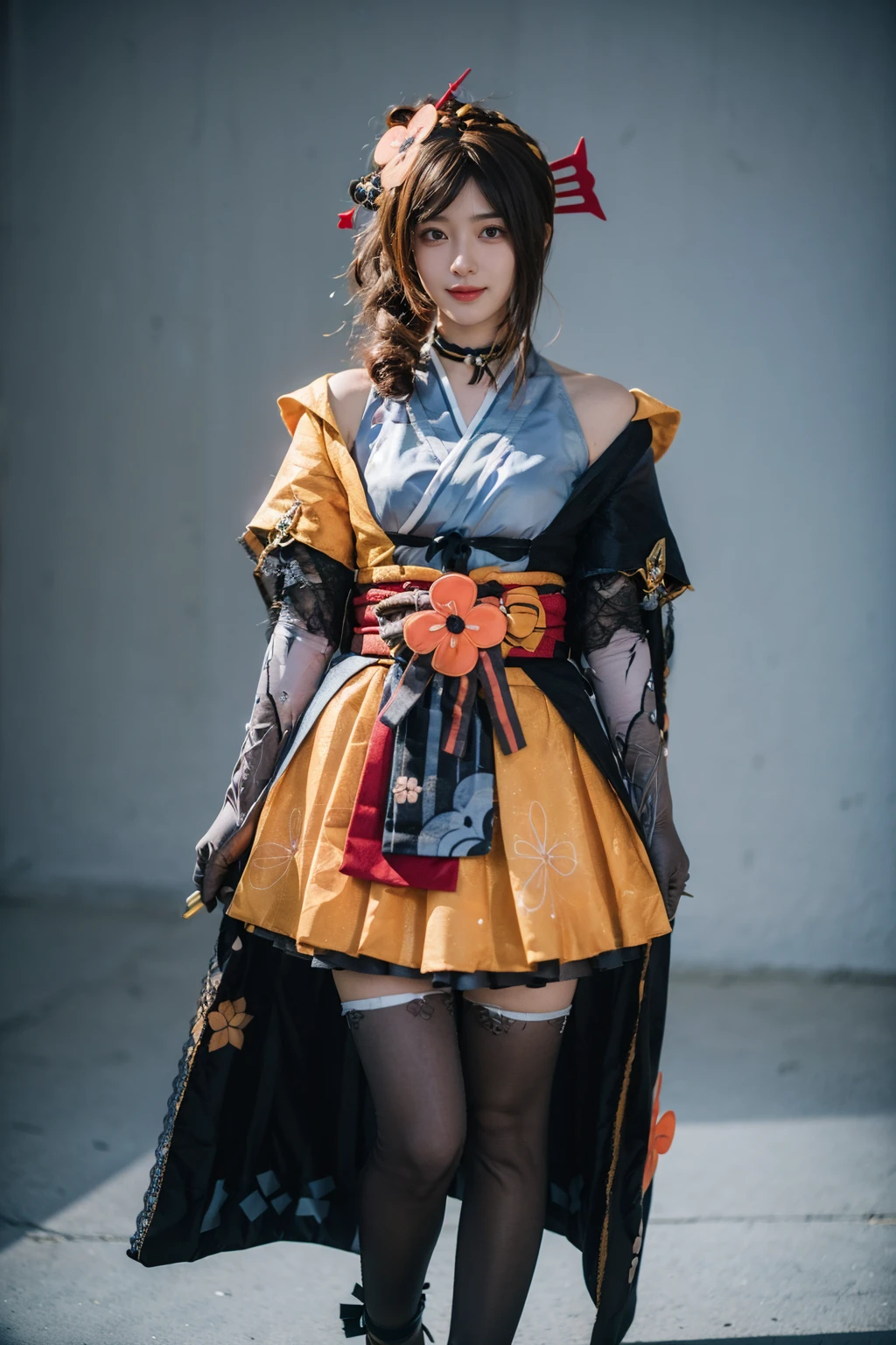 best quality, masterpiece, realistic, photorealistic, 1girl, solo, looking at viewer, smile, standing, full body, chiori cosplay costume, chiori, genshin impact, cosplay, brown hair, long hair, japanese clothes, kimono, hair ornament, hair flower, hair stick, choker, elbow gloves, gloves, flower, thighhighs, pantyhose, sash, obi, okobo, grey background, <lora:Genshin_Chiori_cosplay_v1:0.7>
