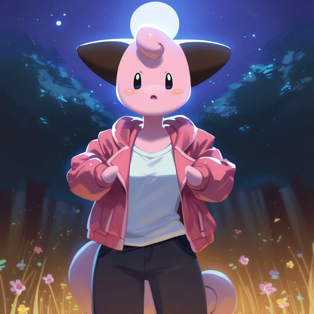 score_9,score_8_up,score_7_up,score_6_up,score_5_up,score_4_up, Pokemon (creature), pink hair, pink skin, curly hair, short hair, black eyes, 1girl, solo, anthro, night, outdoors, moon, Cleffa, jacket, shirt, pants, parted lips