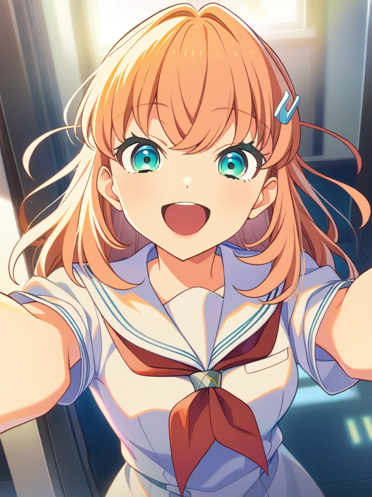 masterpiece, best quality, very aesthetic, absurdres, <lora:kaho-sdxl-000020:0.9>, (flat anime style:1.2),
hinoshita kaho, orange hair, medium hair, cyan eyes, 
school uniform, serafuku, white dress, white collar, red bowtie, feeding viewer, offering food, pov,
happy, smile, open mouth