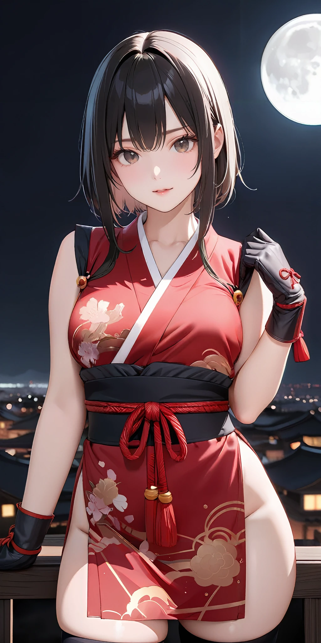 22-year-old beautiful girl, ((Masterpiece)))), (((Best quality)))), (((Very detailed))), detailed fingers, illustration, Slanted eyes, Black eyes, white bob cut, Shoulders, Japanese old style clothing, medium breasts,
