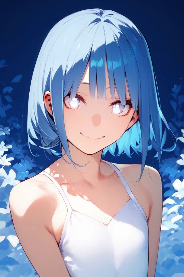 score_9, score_8_up, score_7_up, 1girl, smile, looking at viewer, blue hair, round_fringe, white eyes, flat chest, beautiful background <lora:Haruba_Negi_PonyXL_style_v01.06.01:1>