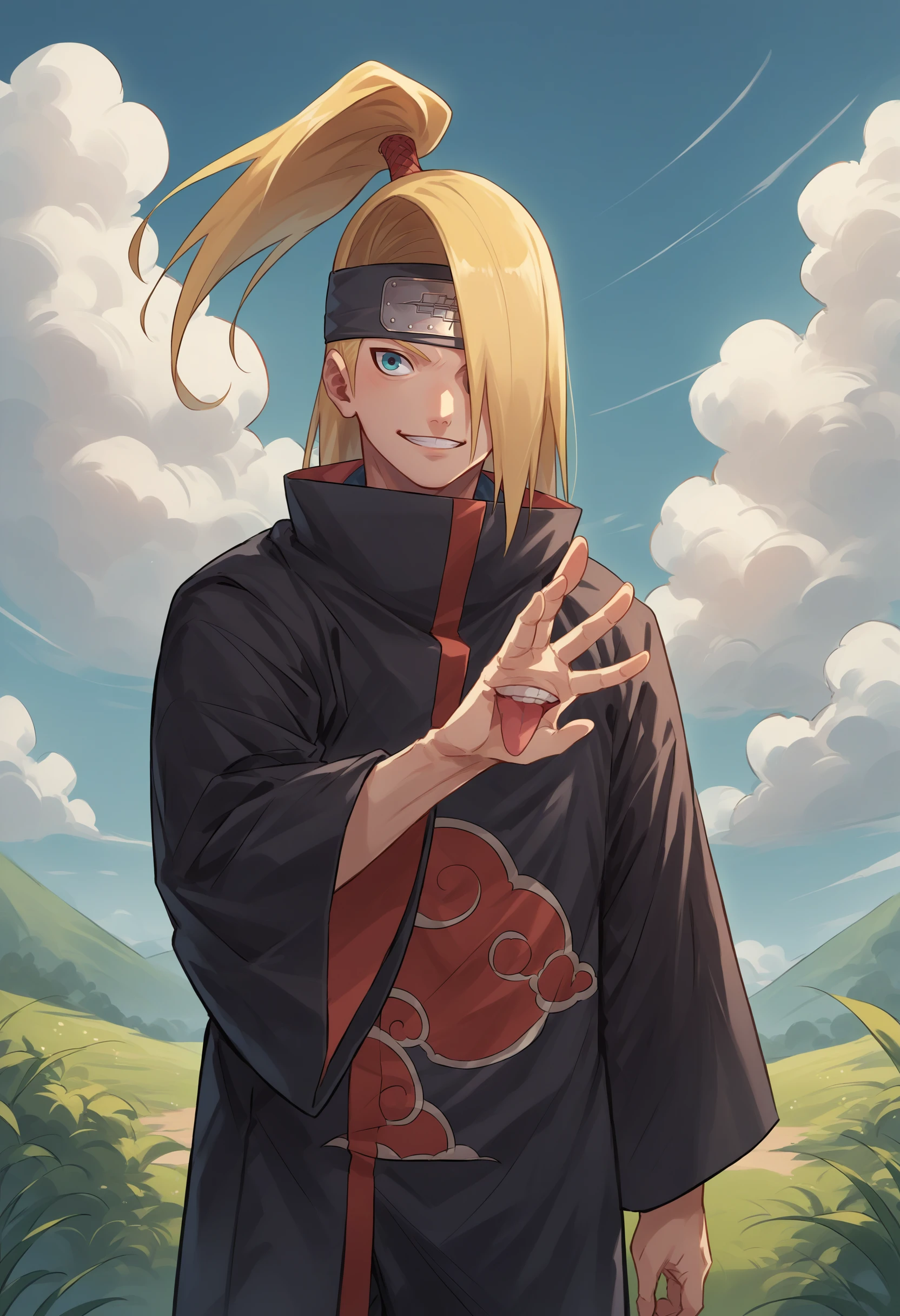 score_9, score_8_up, score_7_up, source_anime, 1boy, solo, Deidara, extra mouth, mouth hand, hair over one eye, long hair, ponytail, black headband, forehead protector, akatsuki uniform, black cloak, cloud print, standing, outdoors, smile, <lora:ChamDeidaraPonyXL-000008:1>