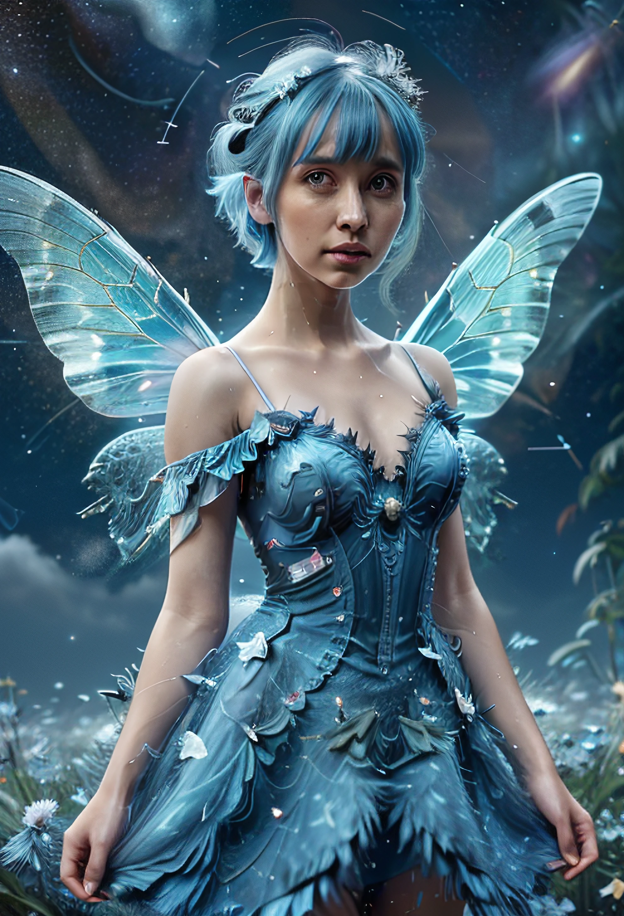 1girl, aurora, bangs, bare arms, bare shoulders, ball gown, blue hair, blue wings, butterfly hair ornament, constellation, detached wings, dress, fairy, fairy wings, flower, hair ornament, light particles, night, night sky, short hair, sky, solo, space, starry background, starry sky, ral-elctryzt <lora:ral-elctryzt:1>, (realistic:1.5), best quality, highres