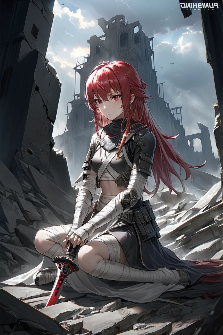 a highly detailed epic cinematic concept art CG render digital painting artwork: female warrior with long red hair and a sword, sitting in front of ruins under a dramatic cloudy sky, holding the weapon with bandaged arms, intense red eyes, and a determined expression, inspired by fantasy and adventure themes. By renowned artists, with subtle muted cinematic colors and dynamic dramatic lighting, made in Maya, Blender, and Photoshop, octane render, excellent composition, cinematic atmosphere, precise correct anatomy, aesthetic, very inspirational, arthouse<lora:EMS-335737-EMS:1.000000>, <lora:EMS-365046-EMS:0.800000>