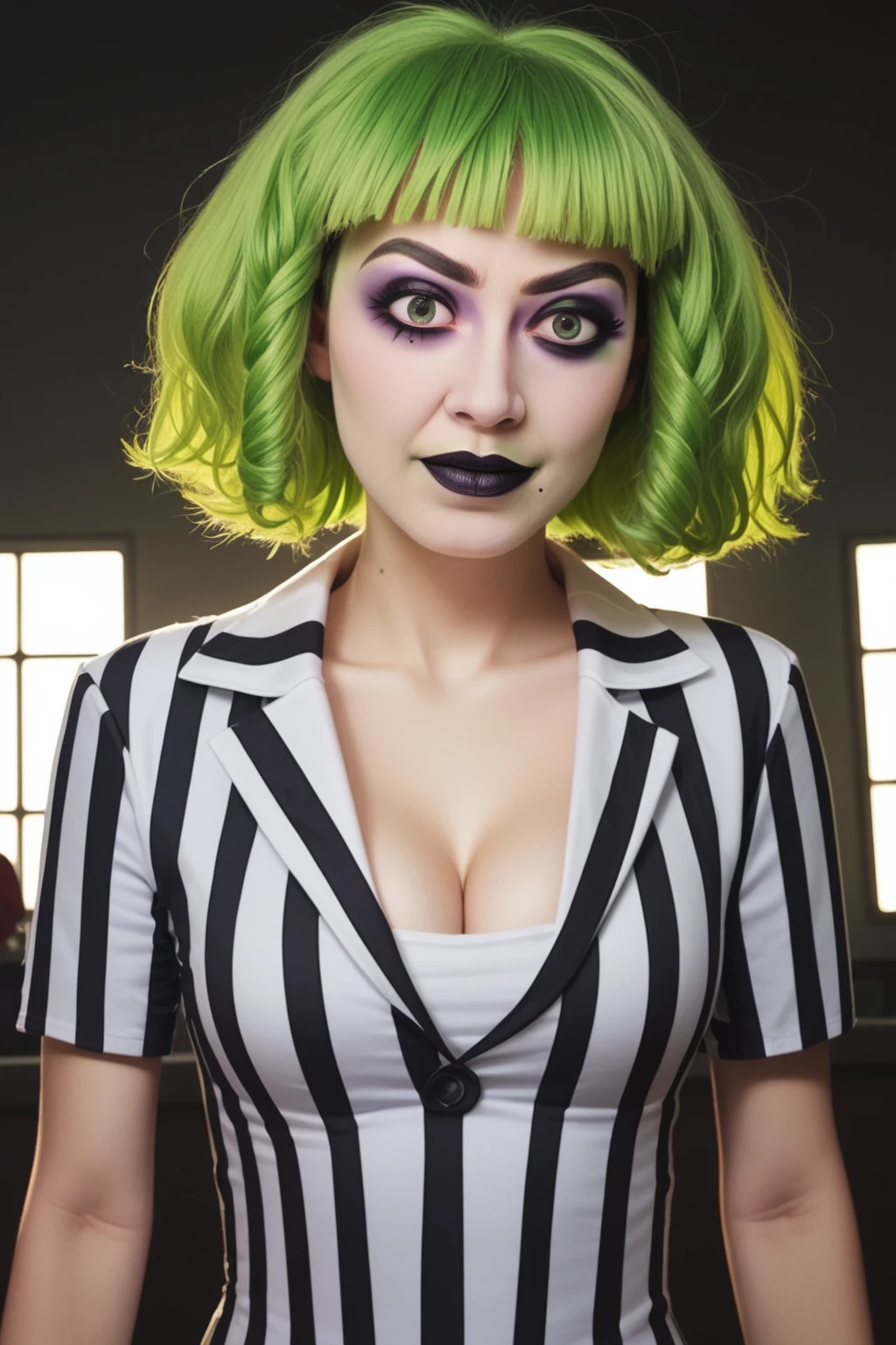 PonyXLV6_Scores, bjzzs, 1girl, solo, breasts, makeup, green hair, cleavage, mole, green eyes, lipstick, eyeshadow, multicolored hair, medium breasts, white shirt, collard shirt, striped, short hair, indoors, liminal spaces, backrooms, broadway stage, shirt, mole under mouth, prison clothes, Beetlejuice, Beetlejuice, Beetlejuice, Elegant, enigmatic, blunt bangs, braid, Lomo, Shot on 70mm, Warm Color Palette, Kodachrome, ProPhoto RGB, Rim Lights, Backlight, Natural Lighting, <lora:BjuicfyPDXL:0.8>