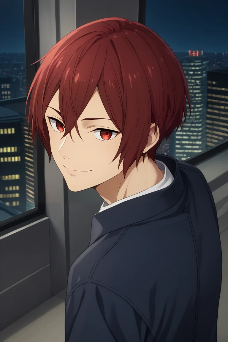 score_9, score_8_up, score_7_up, source_anime, rating_safe, , (photorealistic:0.6), , , 1boy, solo, male focus, <lora:kakeru_sengoku_pony:0.84>, kakeru_sengoku, red hair, red eyes, short hair, hair between eyes, from above, city, city lights, indoors, ass, smile, ,, <lora:sdxl_lightning_8step_lora:1>