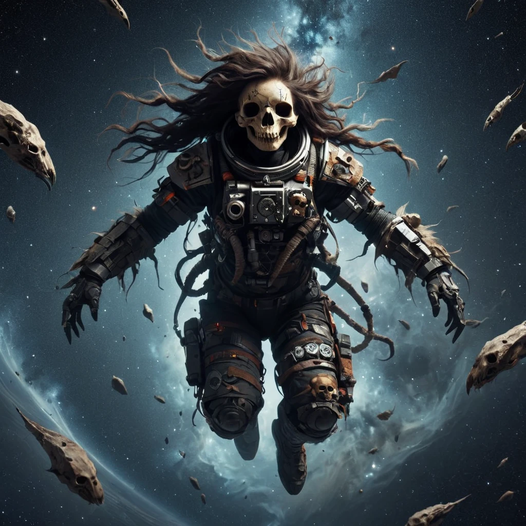 <lora:EPSavageVerseSDXL2:1>, EPSavageVerse, grimdark, primal, feral motifs, tribal symbols, post-apocalypse, dark fantasy, female astronaut floating in space