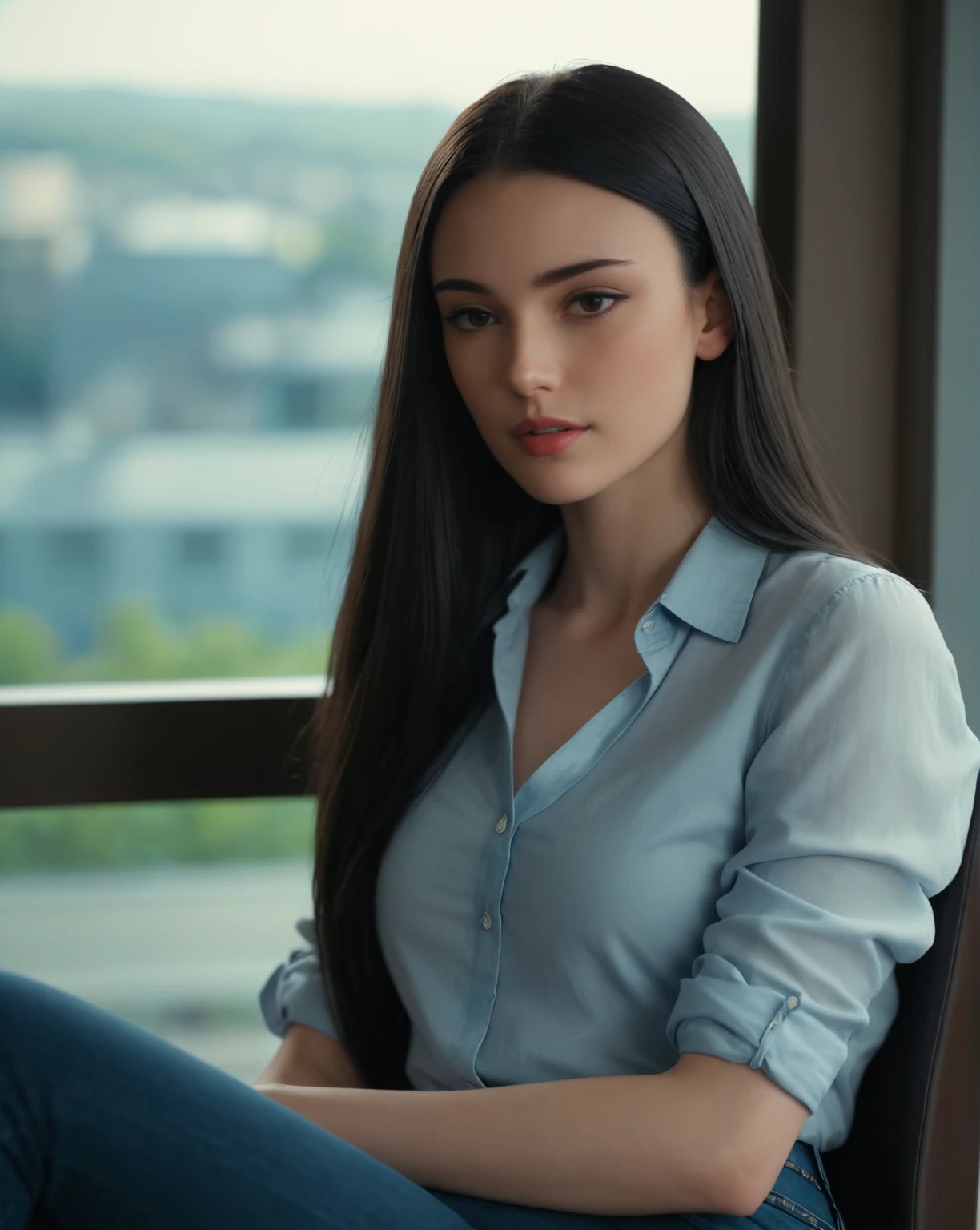 cinematic film still 1girl, black hair,  long hair, realistic, pale skin  solo,  window, sitting in a chair , blouse and jeans  <lora:R4ch3l:1> r4ch3l, high detail, ziprealism . shallow depth of field, vignette, highly detailed, high budget, bokeh, cinemascope, moody, epic, gorgeous, film grain, grainy