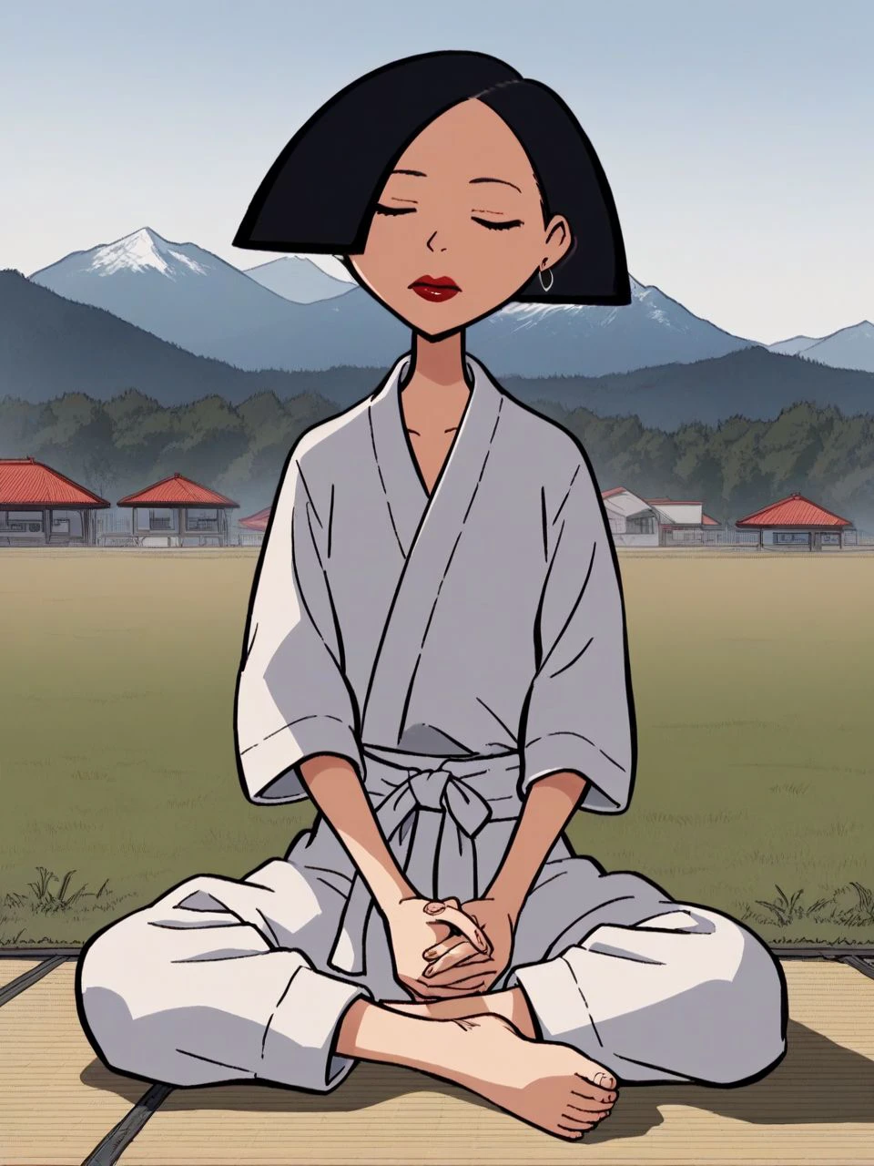 score_9,score_8_up,score_7_up,score_6_up, BREAK 1girl, solo, <lora:jan3TV_PDXL:1.6> jan3TV, black hair, hair bob, blue dot eyes, lipstick, silver ear rings, karate gi, outdoors, mountaintop, sitting cross-legged, eyes closed, meditation, windy