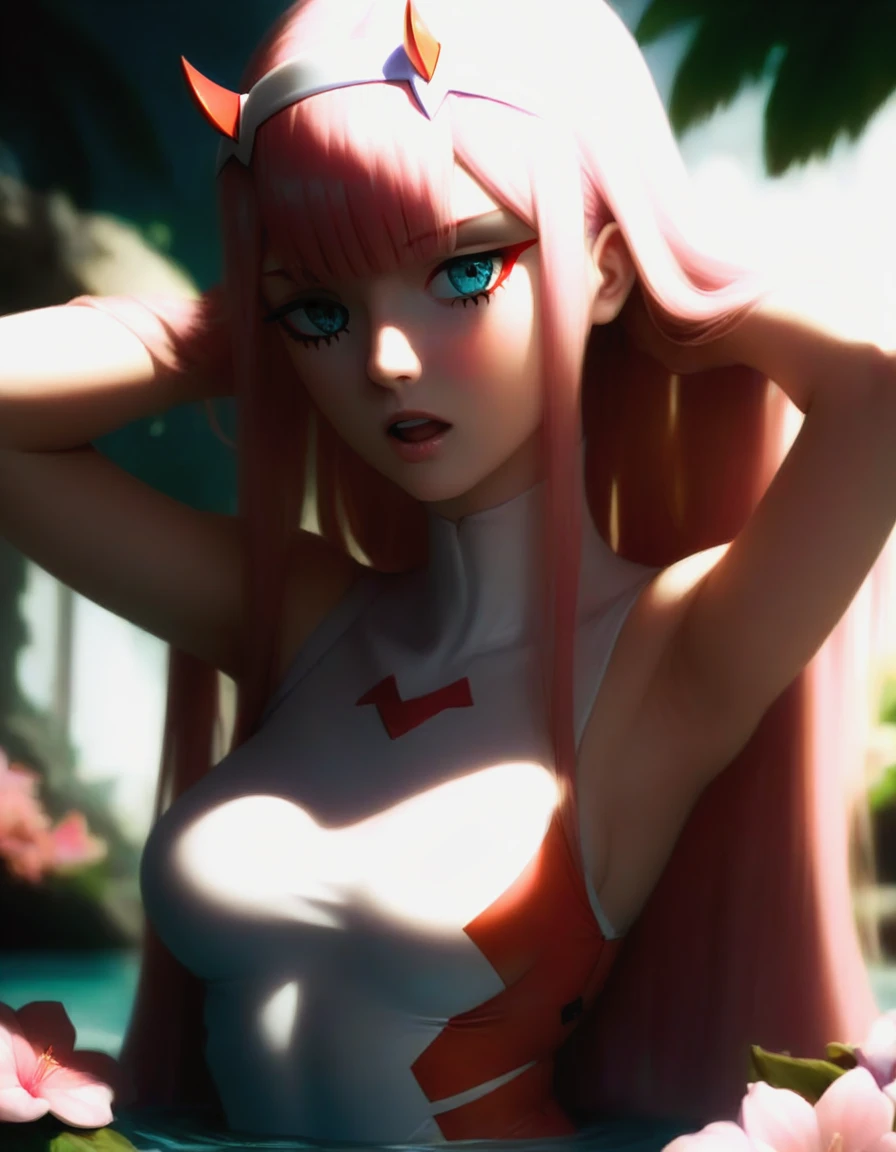 score_8_up,score_7_up,score_6_up,score_5_up,perfect eyes,1girl,zero_two_(darling_in_the_franxx),arms_up,bare_arms,blue_eyes,blunt_bangs,breasts,flower,hairband,horns,long_hair,medium_breasts,one-piece_swimsuit,open_mouth,outdoors,partially_submerged,pink_flower,pink_hair,solo,swimsuit,tying_hair,upper_body,very_long_hair,white_hairband,white_one-piece_swimsuit,<lora:zero-two-darlinginthefranxx-xl:1>,