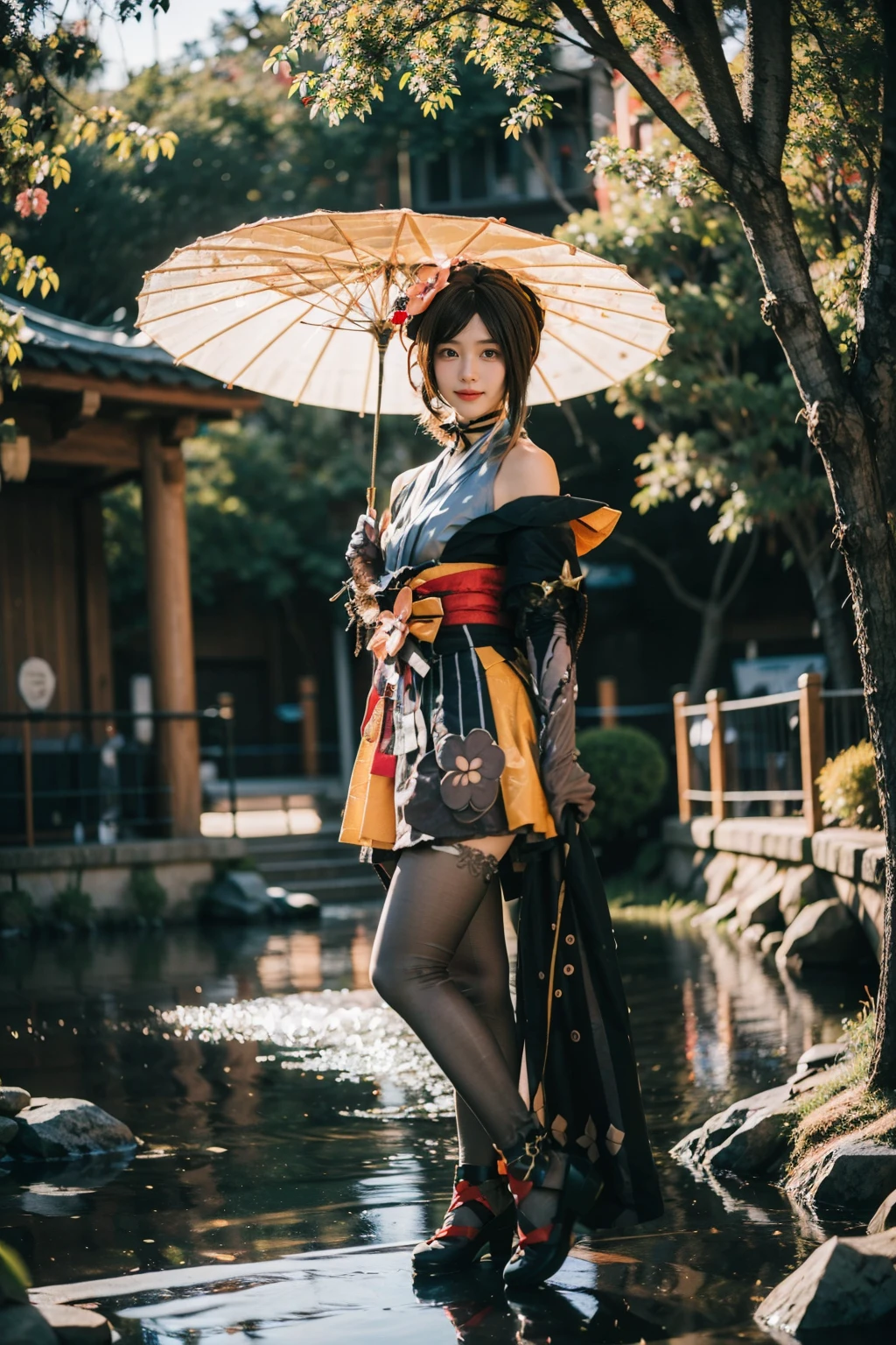 best quality, masterpiece, realistic, photorealistic, 1girl, solo, looking at viewer, smile, standing, full body, arms at side, chiori cosplay costume, chiori, genshin impact, cosplay, brown hair, long hair, japanese clothes, kimono, hair ornament, hair flower, hair stick, choker, elbow gloves, gloves, flower, thighhighs, pantyhose, sash, obi, okobo, oil-paper umbrella, japanese garden, tree, water, <lora:Genshin_Chiori_cosplay_v1:0.7>