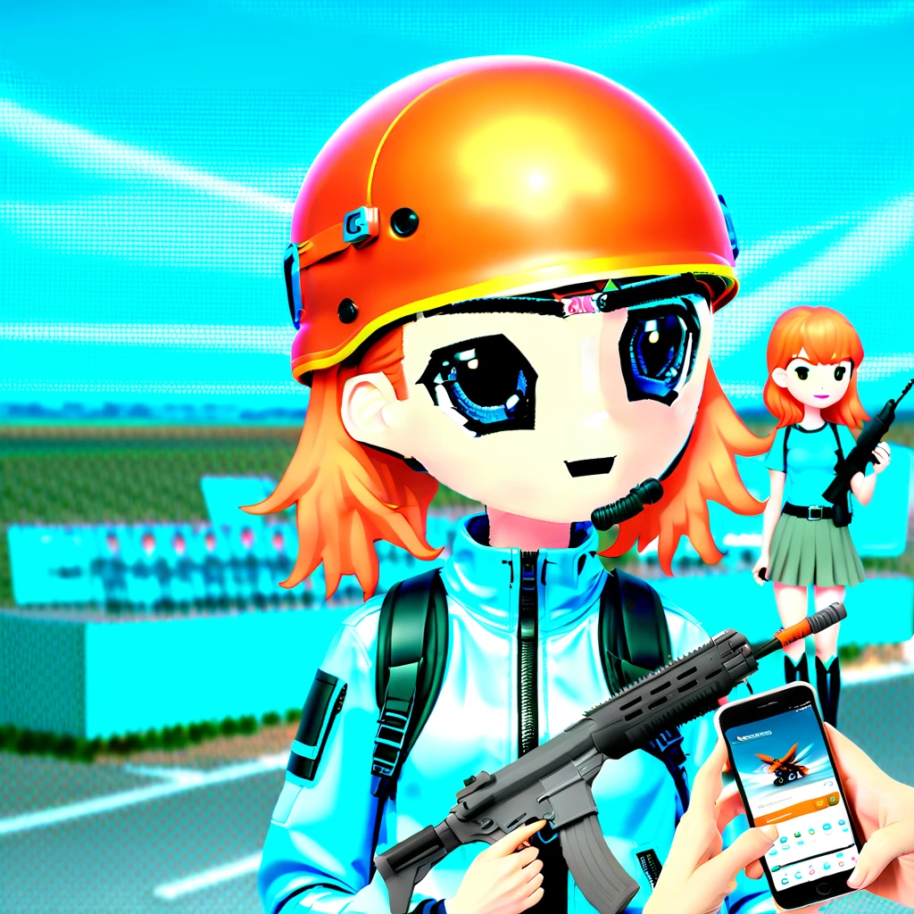 holding phone, assault rifle, 2girls, helmet, sky, realistic, orange hair