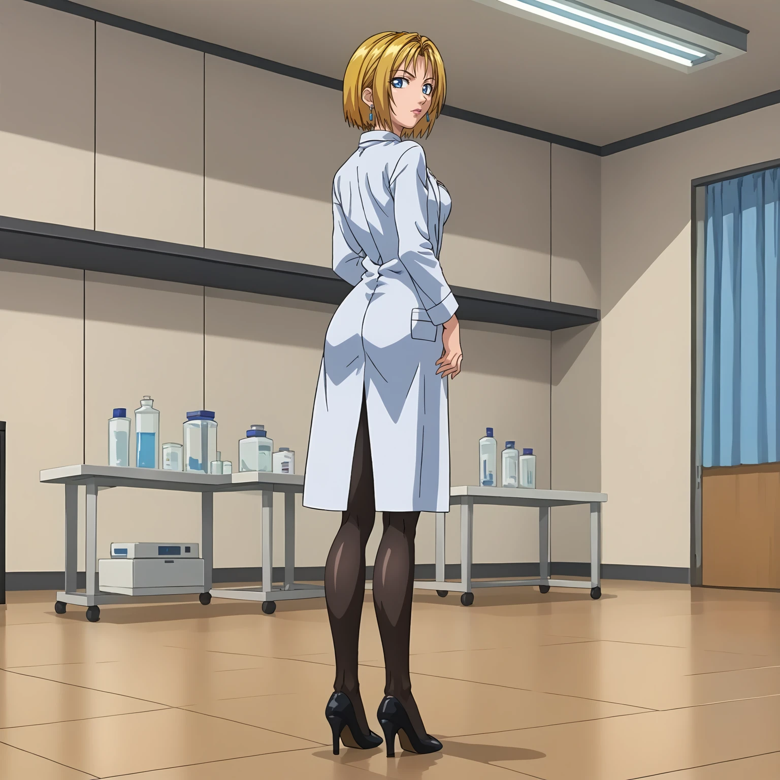 <lora:KitamiReikaXLpony001:0.9>,
solo,
KitamiReika,1girl,blonde hair,medium hair,blue eyes,medium breasts,
earrings,
lab coat,
high_heels,
full body,standing,looking back,
indoors,health room,black_pantyhose,