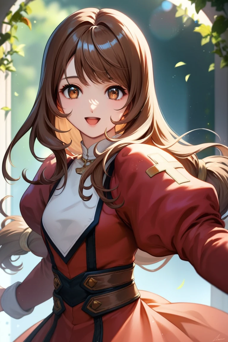 score_9, score_8_up, score_7_up, very aesthetic, source_anime, detailed, high quality, beautiful, masterpiece, detailed eyes,
blurry background, simple background,
<lora:lightXL:0.8>
cowboy shot, smile, open mouth,
looking at viewer, upper body, dynamic pose,
<lora:ericaF_autismConfetti_v03:0.95>
erica fontaine, 1girl, brown hair, brown eyes, long hair, bangs, low tied hair, bangs, sidelocks, red dress, puffy sleeves, long sleeves, brown boots, long dress,, zPDXL