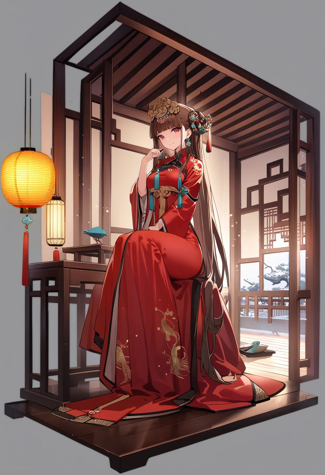 grey background, masterpiece, best quality, <lora:GachaAzurLaneXL_ANI31_lokr_V4236:0.95> 1girl, chinese clothes, dress, solo, red dress, holding, red eyes, long hair, sitting, long sleeves, lattice, hair ornament, looking at viewer, blunt bangs, wooden floor, lantern, bird, hat, holding fan, jewelry, wide sleeves, smile, long dress, full body, hand fan, brown hair, black hair, unworn headwear, east asian architecture, frills, tassel, unworn hat, light particles, very long hair, closed mouth, architecture, red theme, hand up, indoors, earrings