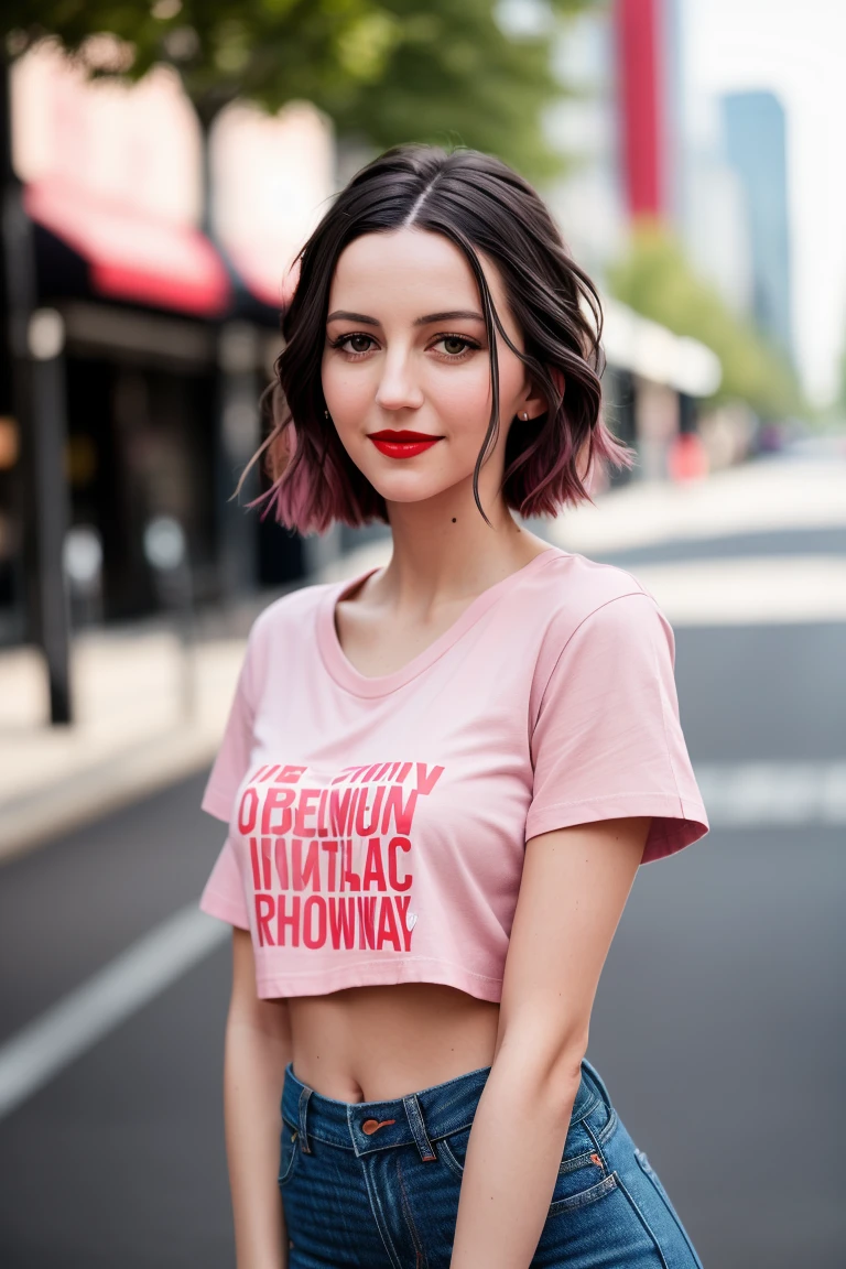 ellahunt,  ,, photo of a woman, ,photo of a woman, RAW,  close portrait photo, ((t-shirt, jeans)),((short hair)), ((outdoors, city street, walking)), slim body, ((detailed skin, detailed face):1.2), ((detailed eyes, beautiful eyes)), 8k uhd, dslr, soft lighting, high quality, film grain, Fujifilm XT3 sharp focus, f 5.6,((red lipstick, blush)) , smiling