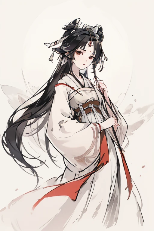 <lora:sanweihu:1>,sanweihu,1girl,solo,long hair,white background,hair ornament,chinese clothes,arms at sides,black hair,tail,multiple tails,fox tail,jewelry,dress,simple background,long sleeves,earrings,hanfu,forehead mark,sash,white dress,hair stick,
<lora:Freehand_Brushwork:0.4>,<lora:animeLineartMangaLike_v20Offset:0.2>,lineart,(very long hair:1.3),
portrait,dynamic_angle,front view,kittew,cuteg,flat chest,small_breasts,looking_at_viewer,close-up,holding_lollipop,holding_stuffed_animal,, best quality , masterpiece, illustration, an extremely delicate and beautiful, extremely detailed ,CG,unity,8k wallpaper, Amazing, finely detail, masterpiece, best quality,official art,extremely detailed CG unity 8k wallpaper,absurdres, incredibly absurdres, huge filesize , ultra-detailed, highres, extremely detailed,beautiful detailed girl, extremely detailed eyes and face, beautiful detailed eyes,light on face,