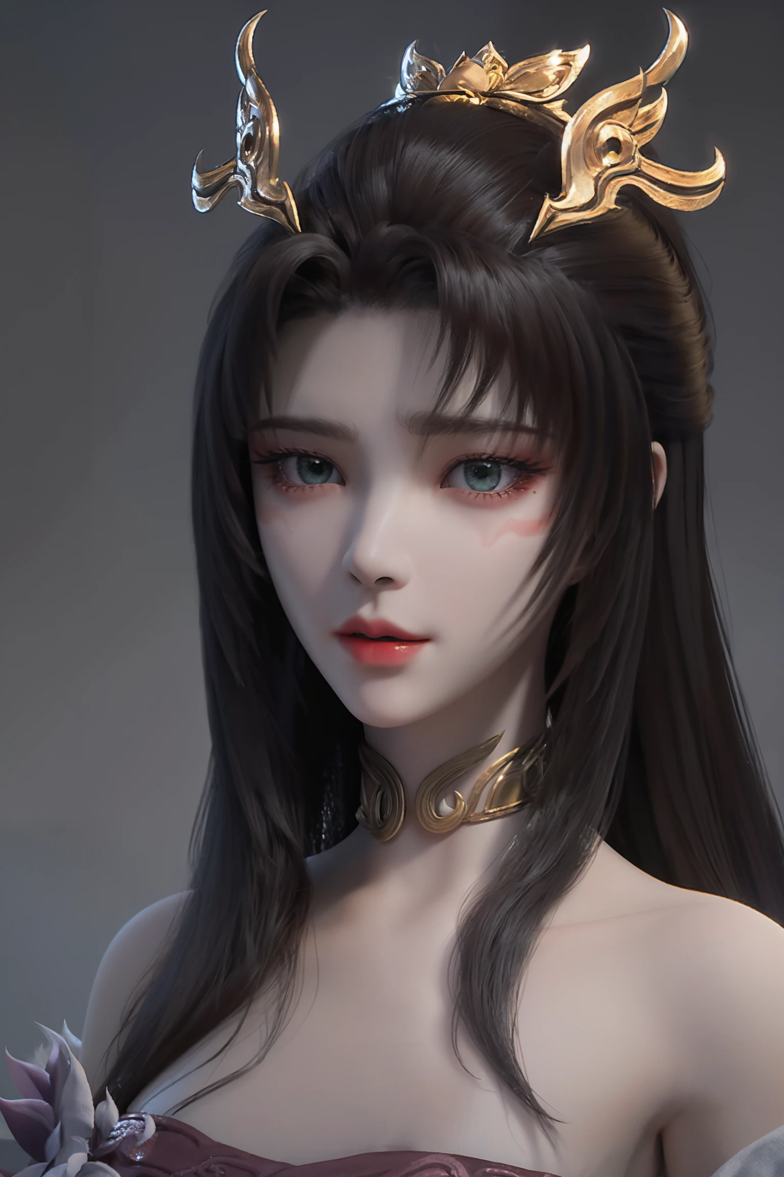 <lora:tianhuxianzi:1>,tianhuxianzi,1girl,solo,long hair,bare shoulders,blue eyes,simple background,brown hair,facepaint,facial mark,gold jewelry,hair ornament,mole under eye,black hair,upper body,parted lips,dress,looking to the side,green eyes,collar,choker,(grey background:1.2),, best quality , masterpiece, illustration, an extremely delicate and beautiful, extremely detailed ,CG,unity,8k wallpaper, Amazing, finely detail, masterpiece, best quality,official art,extremely detailed CG unity 8k wallpaper,absurdres, incredibly absurdres, huge filesize , ultra-detailed, highres, extremely detailed,beautiful detailed girl, extremely detailed eyes and face, beautiful detailed eyes,light on face,