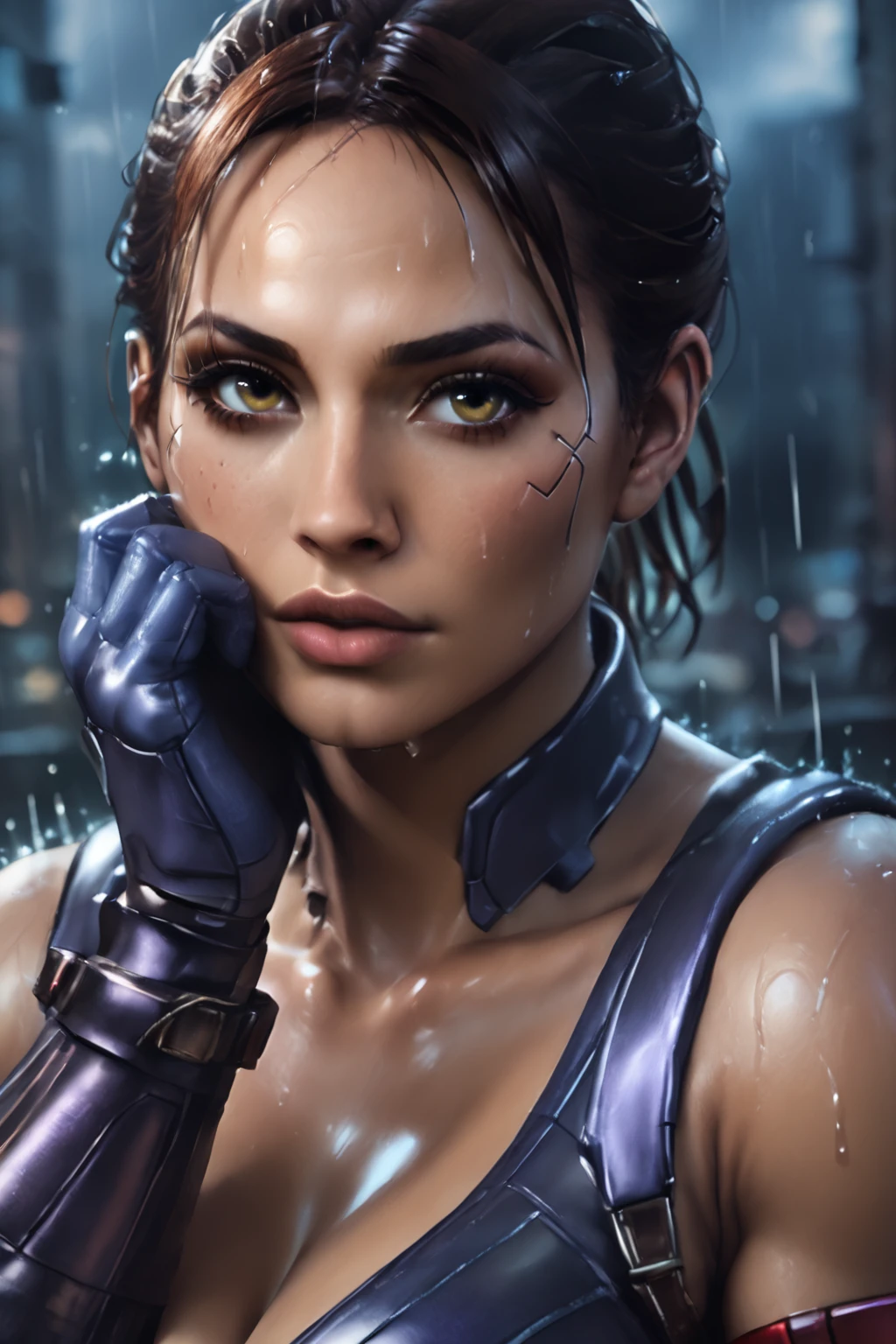 score_9, score_8_up, score_7_up, score_6_up, (Sheva_Alomar), Detailed face, brown eyes, 8k eyes, detaile eyes, sheva wearing black  hood,  samurai cyberpunk armor, rain, Detailed hands, (Mirrors edge catalyst game city style),  (portrait), (Brickwall background), (Soft light, cinemtic light, HD, Detailed, 8k), cyberpunk style,  <lora:Sakimi:1> <lora:Sheva_Alomar:0.8> <lora:Perfect Hands:1>