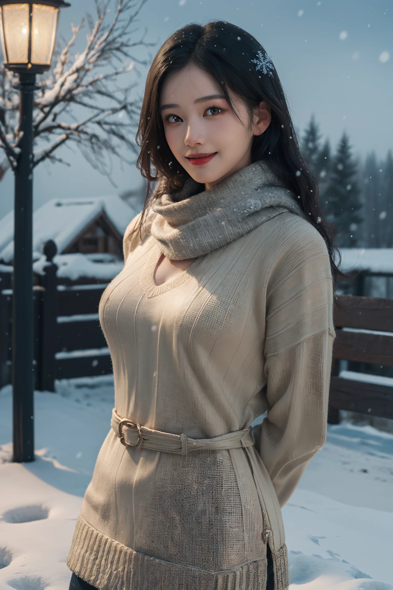 (4k, best quality, highres, absurdres, masterpiece:1.21), (realistic:1.331), detailed and intricate,
cinema light, (authentic skin texture:1.3),
1girl, perfect body, medium breasts, shiny skin,
light smile, arms behind back,
cape, scarf, sweater, virgin_killer_sweater,
chinese style architecture, snowing, snowflakes, winter, lamp,
<lora:add_detail:0.3>, <lora:girlslike_zjy:0.7>