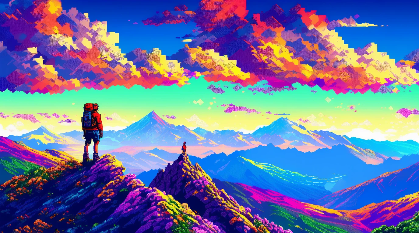 man on the top of mountain, vibrant colors, masterpiece, beautiful landscape, sky, Pixel Art, highly detailed <lora:pixel_art_lora:1>