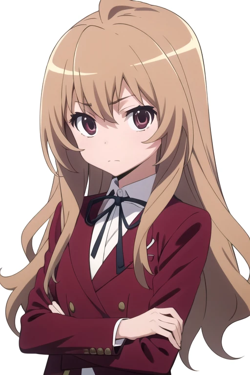 solo, 1girl, looking at viewer, 2D, anime, anime coloring, upper body, (simple background, solid white background:1.3), <lora:taiga-toradora:0.8>, taiga aisaka, oohashi school uniform, blazer, closed mouth