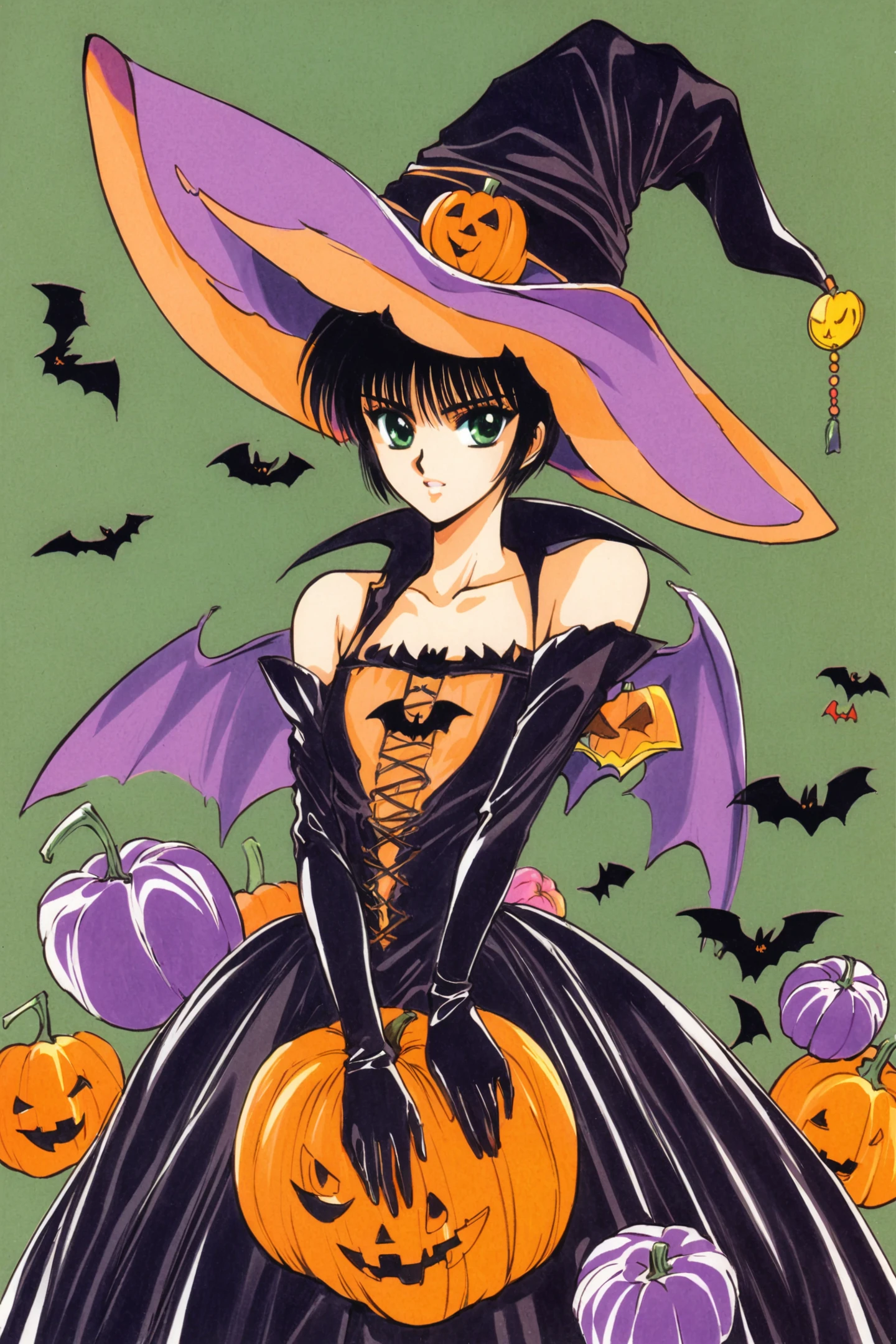 Hokuto Sumeragi,1girl,solo,wings,gloves,short hair,black hair,hat,retro artstyle,1990s (style),green eyes,elbow gloves,witch hat,dress,halloween,bat \(animal\),pumpkin,bat wings,traditional media,<lora:Tokyo Babylon_XL:0.8>,