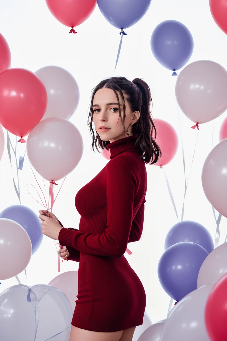 ellahunt,  , photo of a woman,(epic), fashion portrait photo of young woman from the 60s wearing a red turtleneck standing in the middle of a ton of white balloons, taken on a hasselblad medium format camera