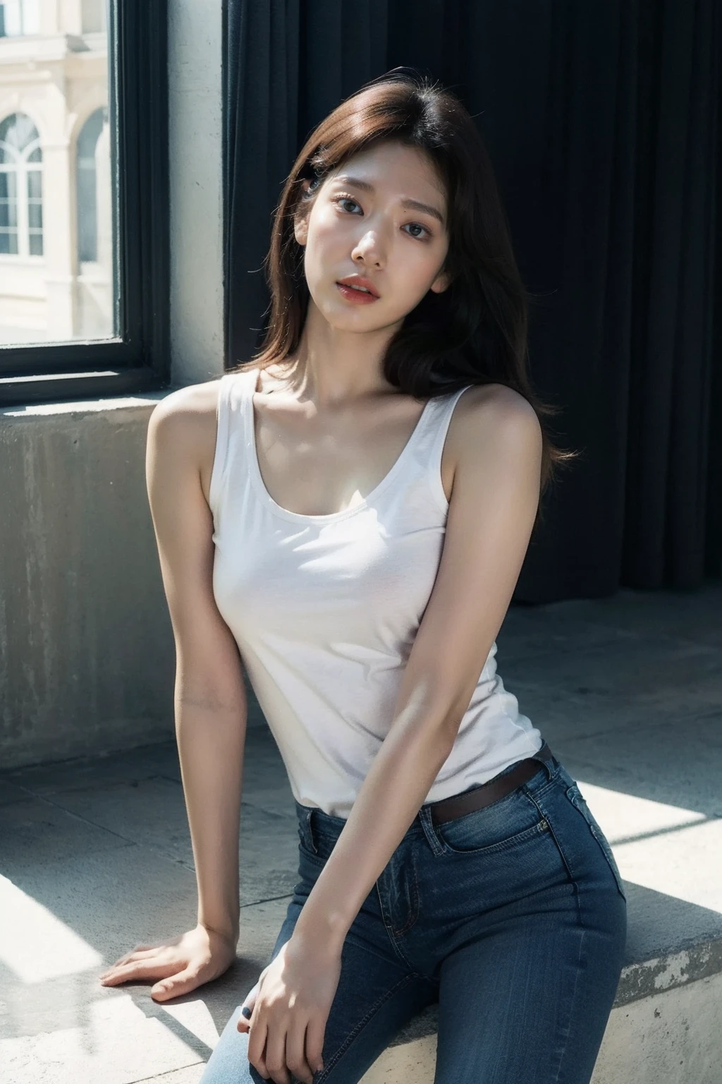 (realistic), (hyperrealism),best quality, masterpiece,ultra high res, (photorealistic:1.4),1girl,(looking at viewer:1.2),1girl, solo, realistic, looking at viewer, parted lips,  short jeans, tanktop,
,    <lora:makina69_parkshinhye_v1.0:1>