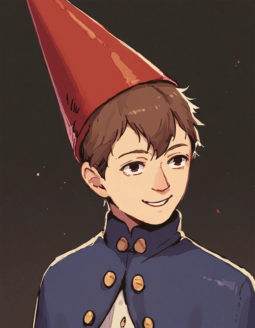 source_ANIME, score_9, score_8_up, score_7_up, anime illustration, 1boy, wirtotgw, wirt, over the garden wall, wirt_(over_the_garden_wall), pink nose, cynical smile, solo, beige skin, short hair, brown_hair, hair between eyes, suspenders, male_focus, long_sleeves, blue cape, red hat, cone hat, dark forest, brown forest, dark colors, black background, dark background, (detailed:1.5), detailed shadows, chiaroscuro