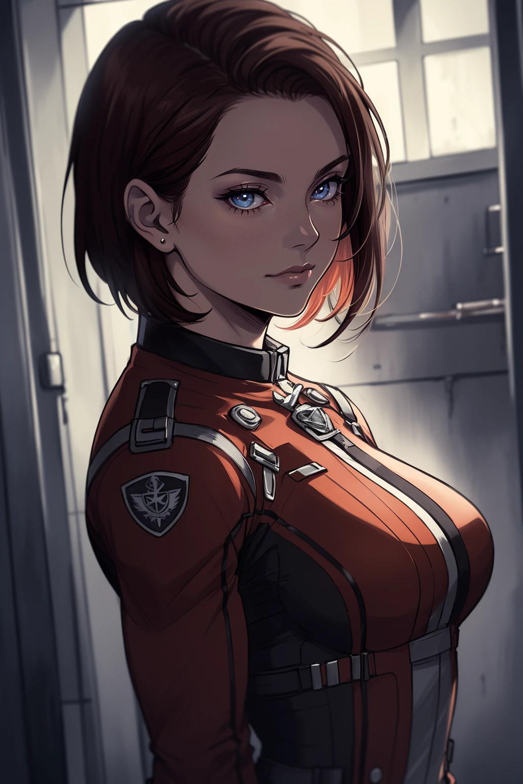 (highly detailed:1.3), masterpiece, best quality, extreme detail, 1girl, anime,a woman with Reddish-brown hair hair, short hair, upper body,  wearing a uniform, bosuni, wearing blackbos_uni, half body, <lora:BOSuni:0.7>