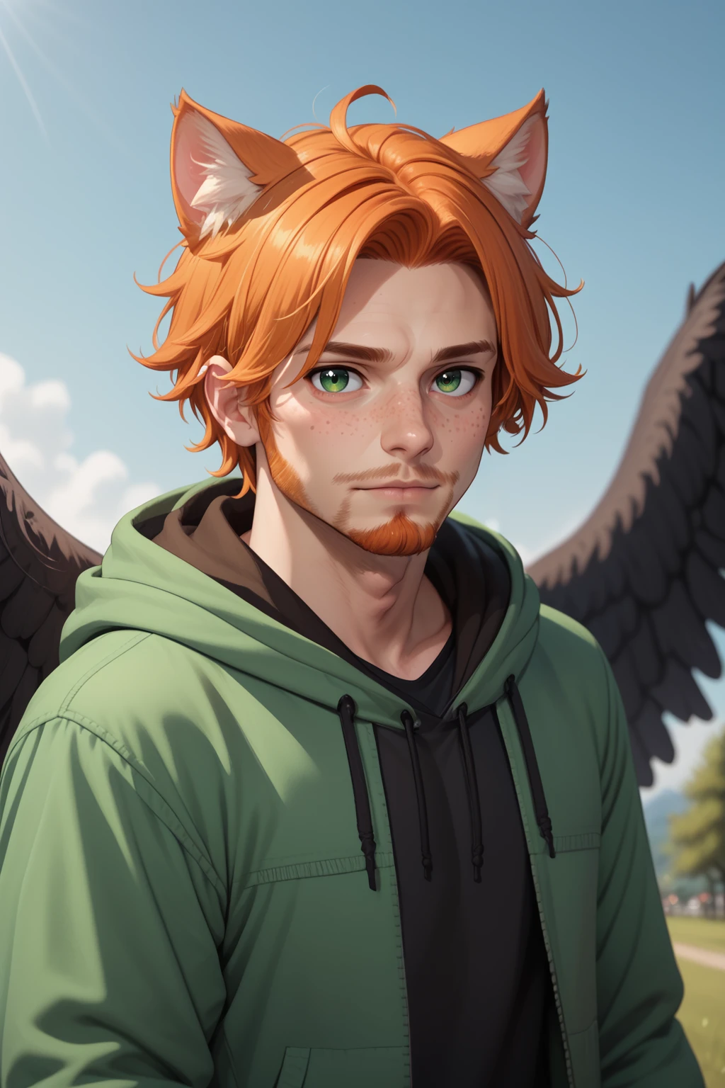 slrzztx, 1boy, male focus, wings, animal ears, facial hair, solo, green eyes, feathered wings, beard, looking at viewer, jacket, hood, black wings, blurry background, freckles, drawstring, blurry, outdoors, open clothes, orange hair, hood down, upper body, hoodie, open jacket, animal ear fluff, PonyXLV6_Scores, <lora:SemiRealPonyXL:0.8>