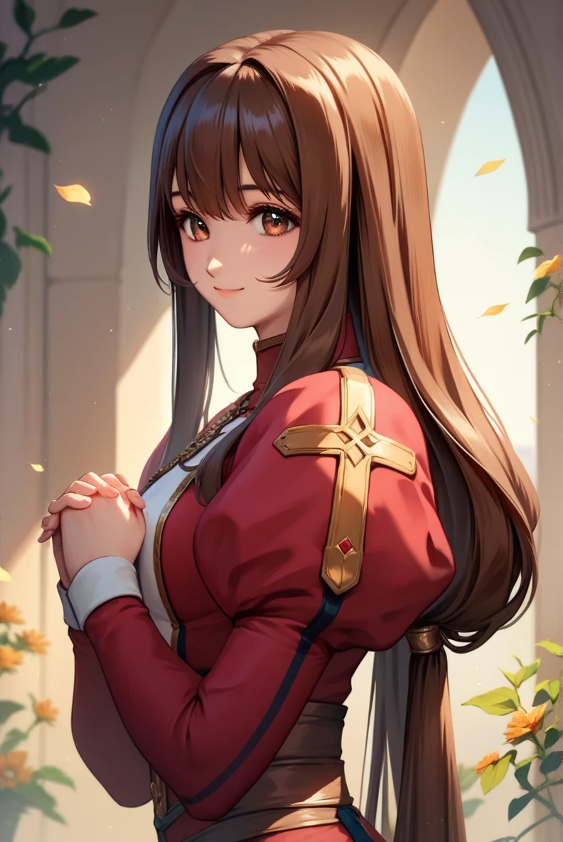 score_9, score_8_up, score_7_up, very aesthetic, source_anime, detailed, high quality, beautiful, masterpiece, detailed eyes,
simple background, blurry background,
<lora:lightXL:0.8>
cowboy shot, upper body, from side, close up,
light smile, hands together,
<lora:ericaF_autismConfetti_v03:0.95>
1girl, brown hair, brown eyes, long hair, low tied hair, bangs, sidelocks, red dress, puffy sleeves, long sleeves, brown boots, long dress,, zPDXL