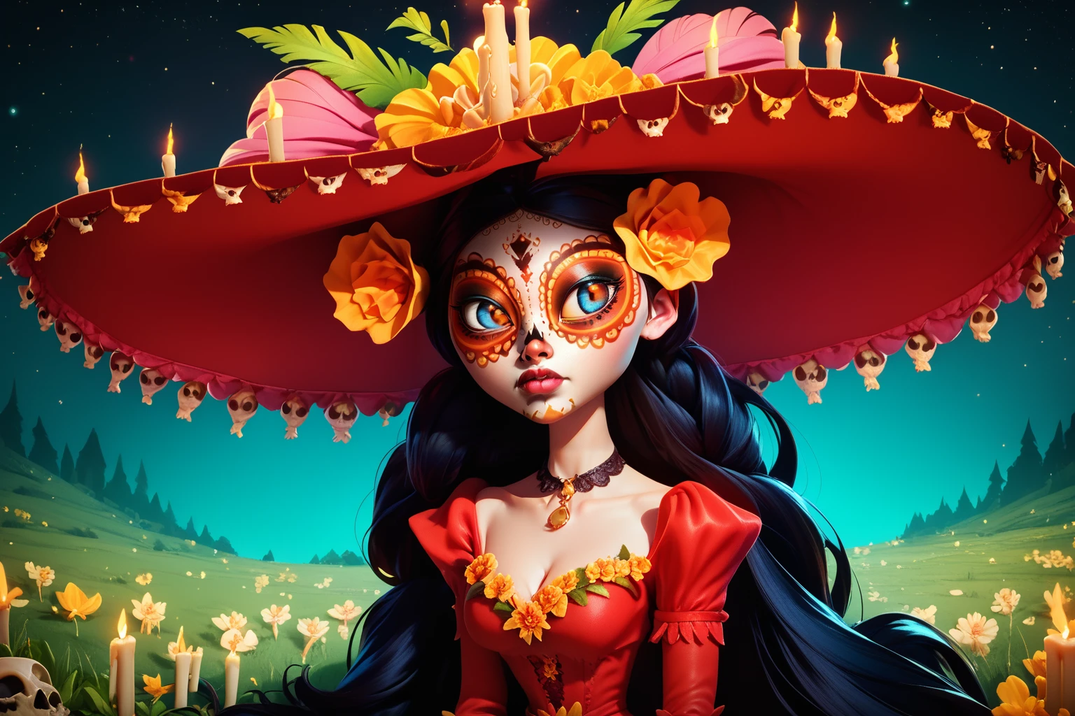 score_9, score_8_up, score_7_up, masterpiece, high quality, realistic, beautiful girl
<lora:La MuertePonyLora:1> 1girl, very long hair, hat, hair ornament, orange eyes, yellow sclera, makeup, facepaint, colored skin, flower, choker, skull, jewelry, candle, long dress, flower trim, pink feathers, cleavage, leaf, holding photograph, looking a photo, sitting on a grass hill, at night, stars, portrait, upper body, clseup, sad, white skin
<lora:3D_Animation_Diffusion_Pony_style:1> solo, lips, blue eyes