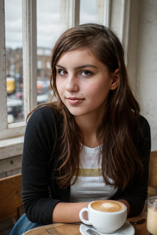 <lora:ShanaDreams:0.8>, full color portrait of a young woman, having coffee at a vintage cafe, natural light, RAW photo, subject, 8k uhd, dslr, soft lighting, high quality, film grain, Fujifilm XT3