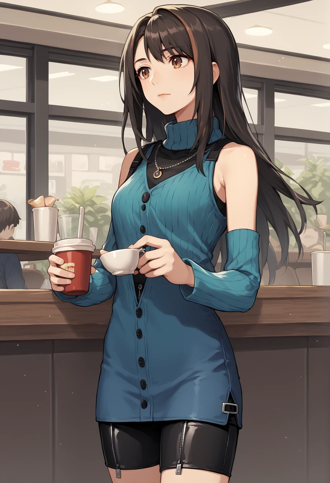 1girl, solo, long hair, Two-Tone Hair, black hair, streaked hair, brown hair, brown eyes, necklace, jewelry, blue sweater, turntleneck, bare shoulder, detached sleeves, bike shorts, zipper, skirt, buttons, indoors, cafe, cowboy shot <lora:Rinoa_XL:1>, score_9, score_8_up, score_7_up, score_6_up, score_5_up, score_4_up, BREAK source_anime, masterpiece