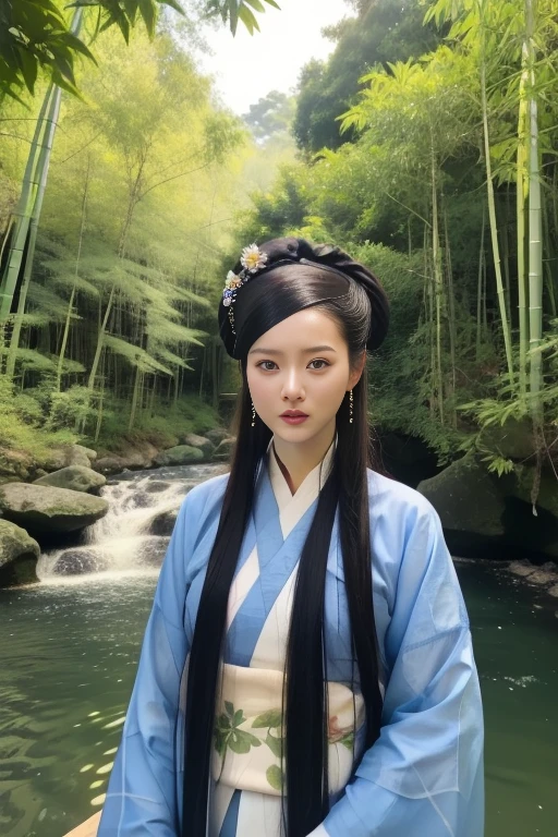 ltra-detailed,highly detailed,best quality,masterpiece,illustration,realistic,photorealistic,
sanshengmu, hanfu,
1girl, solo, upper body,
outdoors, nature,bamboo forest, river, water, flower, grass,
<lora:sanshengmu_v1_04:0.9>